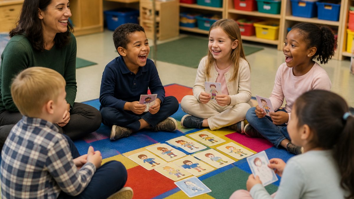 Diverse children laughing while playing card-based character building activities in a classroom circle with a teacher