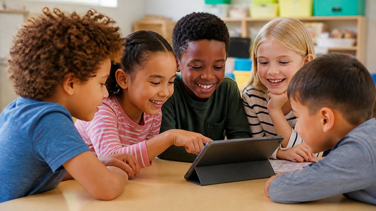 Diverse elementary students smiling and pointing at a tablet while playing interactive learning games in a classroom